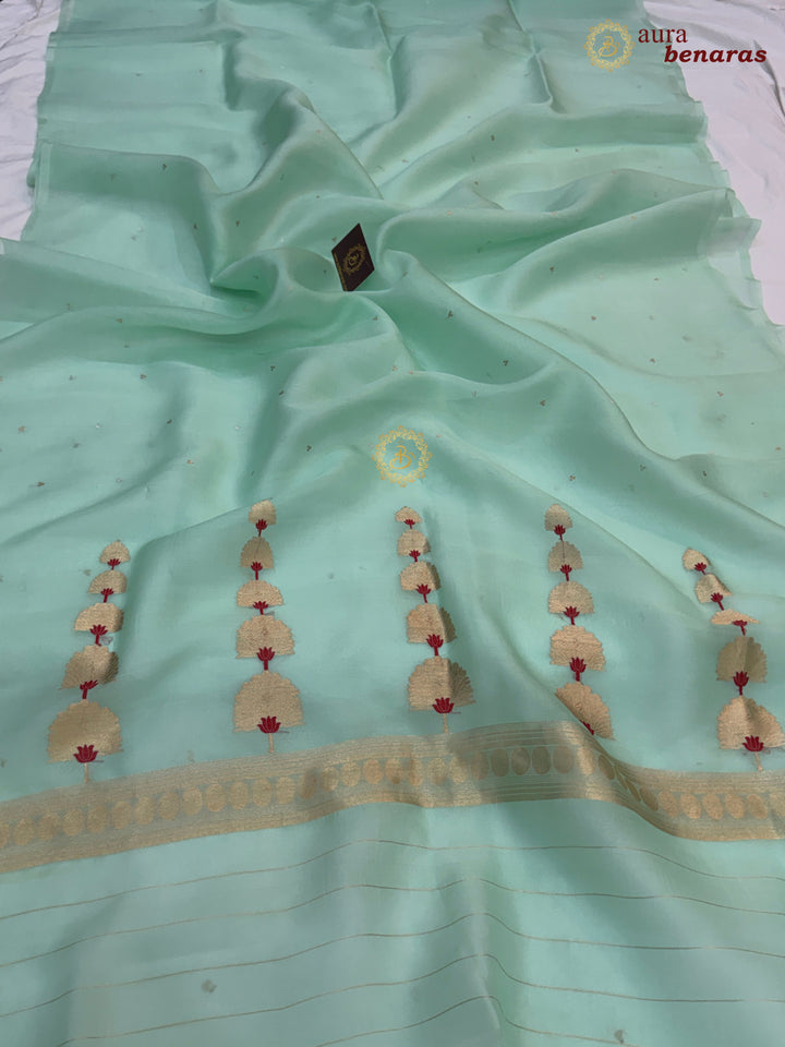 Pastel Sea Green Kora Silk Banarasi Saree Kadhwa Butis 