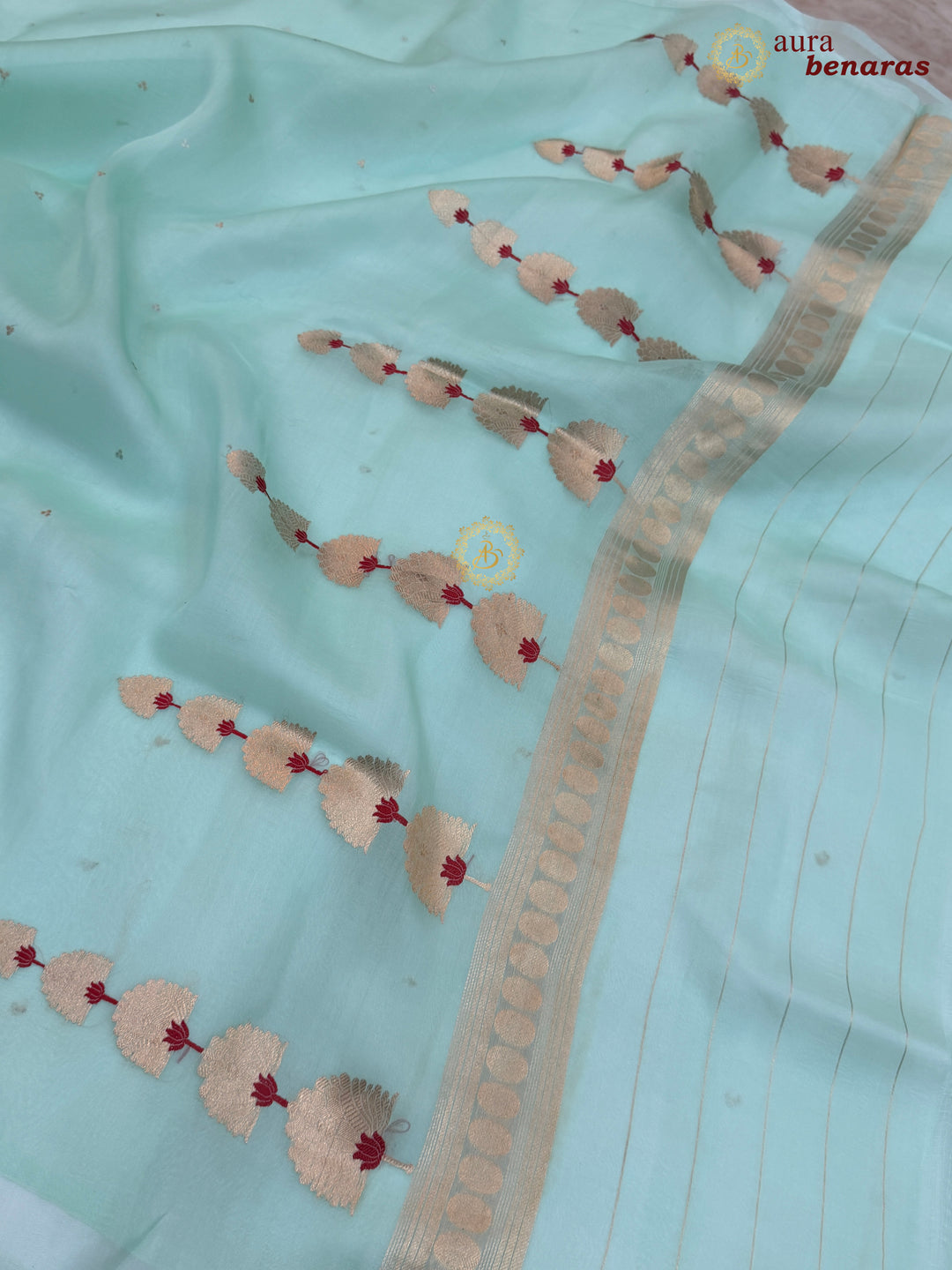 Pastel Sea Green Kora Silk Banarasi Saree Kadhwa Butis 