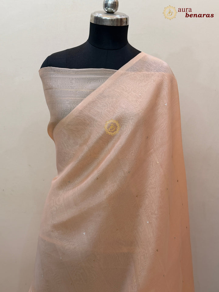 Pale Peach Kora Silk Banarasi Saree Kadhwa Butis 