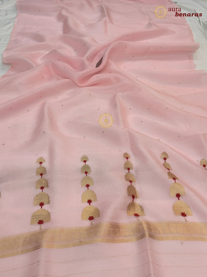 Baby Pink Kora Silk Banarasi Saree Kadhwa Butis 