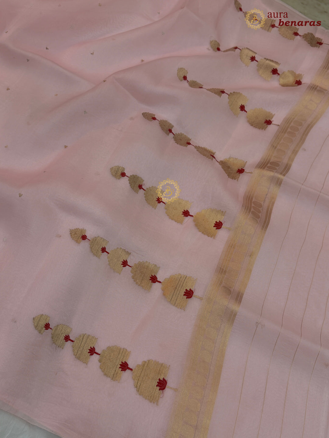 Baby Pink Kora Silk Banarasi Saree Kadhwa Butis 