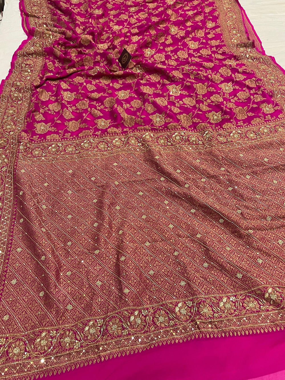 Rani Pink Zardozi Handloom Pure Georgette Silk Saree - Aura Benaras