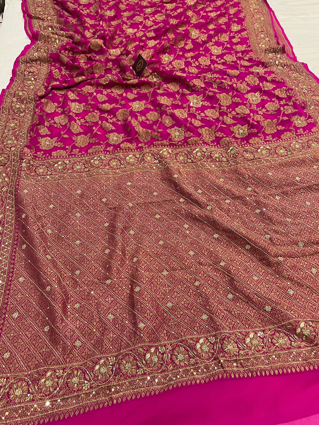 Rani Pink Zardozi Handloom Pure Georgette Silk Saree - Aura Benaras