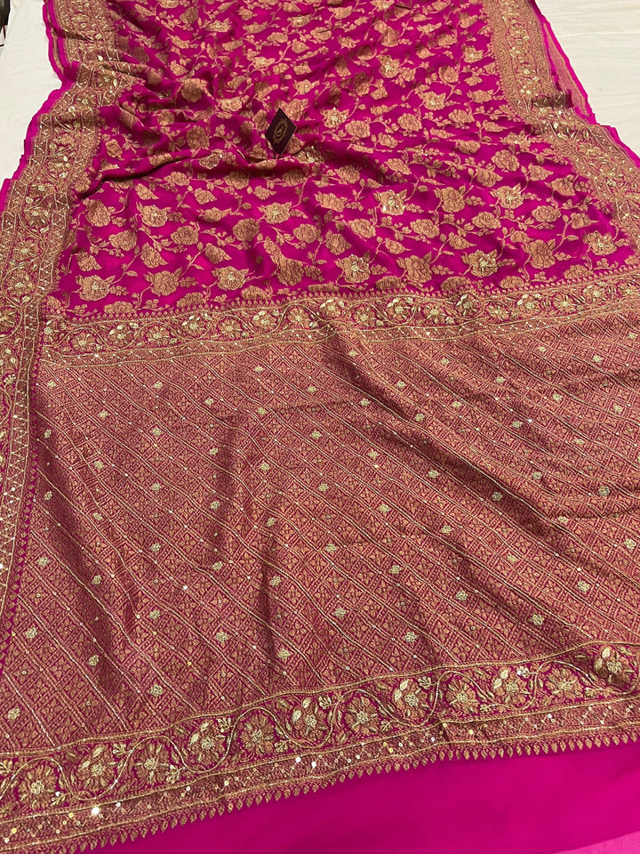 Rani Pink Zardozi Handloom Pure Georgette Silk Saree - Aura Benaras