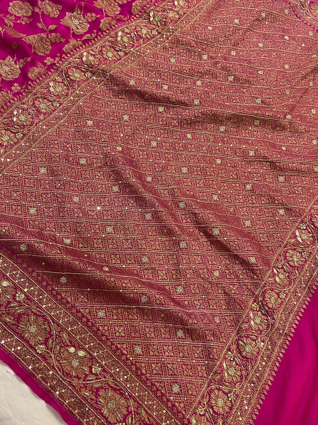 Rani Pink Zardozi Handloom Pure Georgette Silk Saree - Aura Benaras