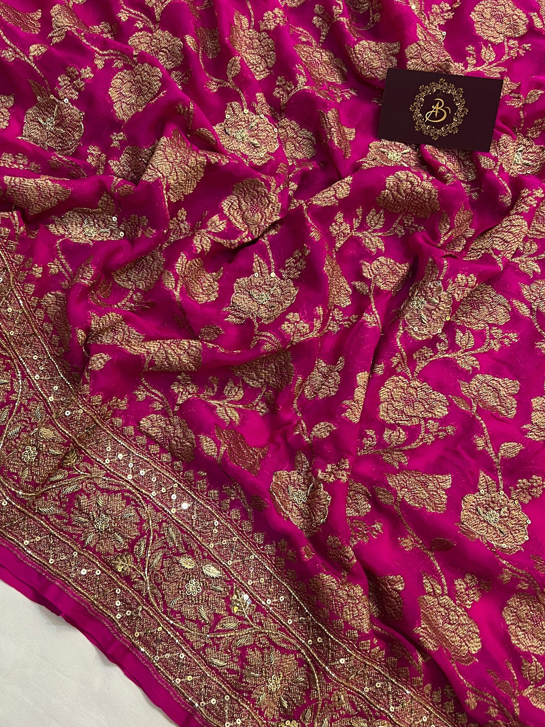 Rani Pink Zardozi Handloom Pure Georgette Silk Saree - Aura Benaras
