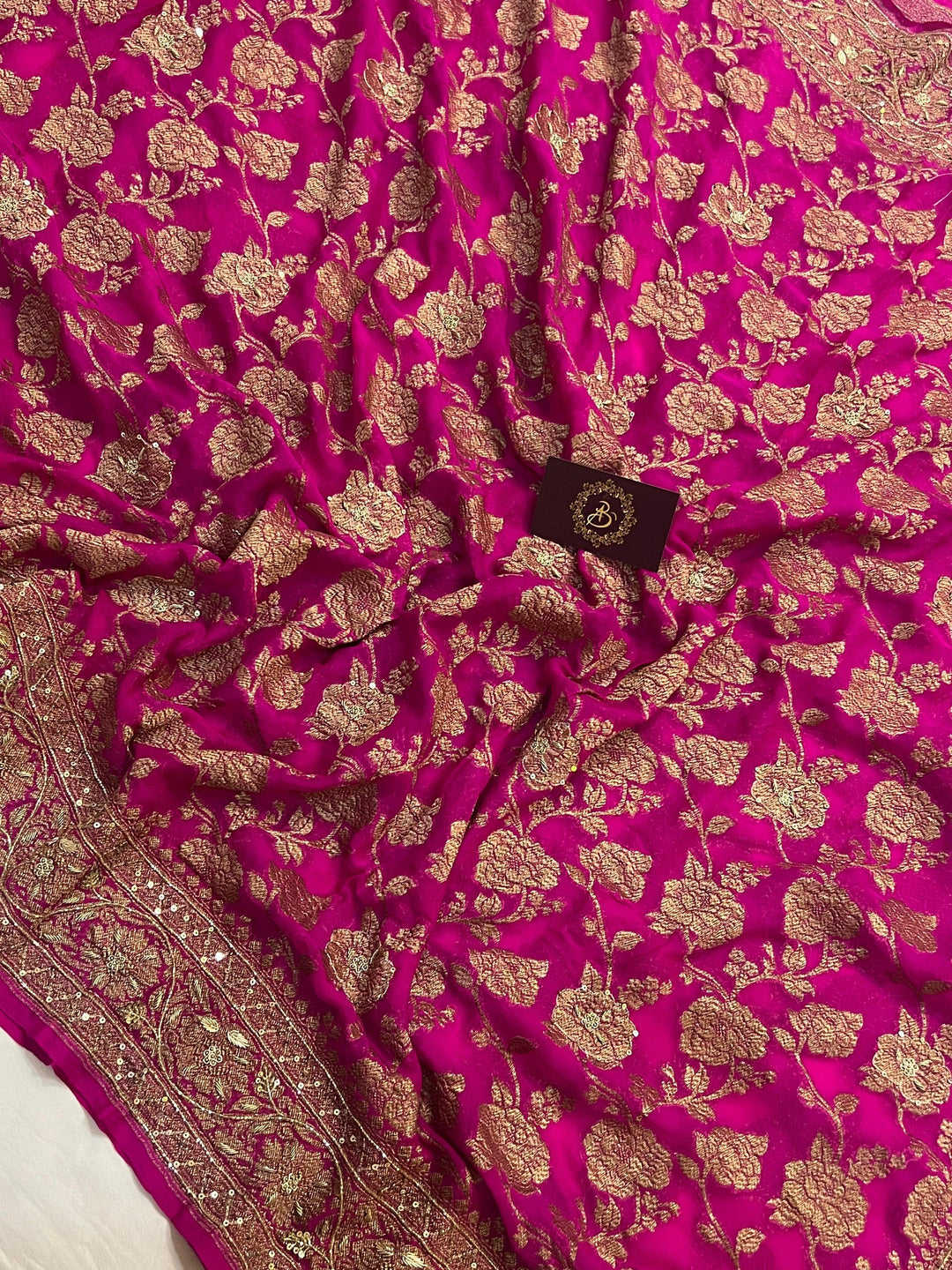Rani Pink Zardozi Handloom Pure Georgette Silk Saree - Aura Benaras