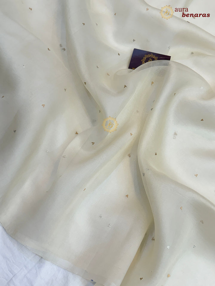 Off White Kora Silk Banarasi Saree Kadhwa Butis 