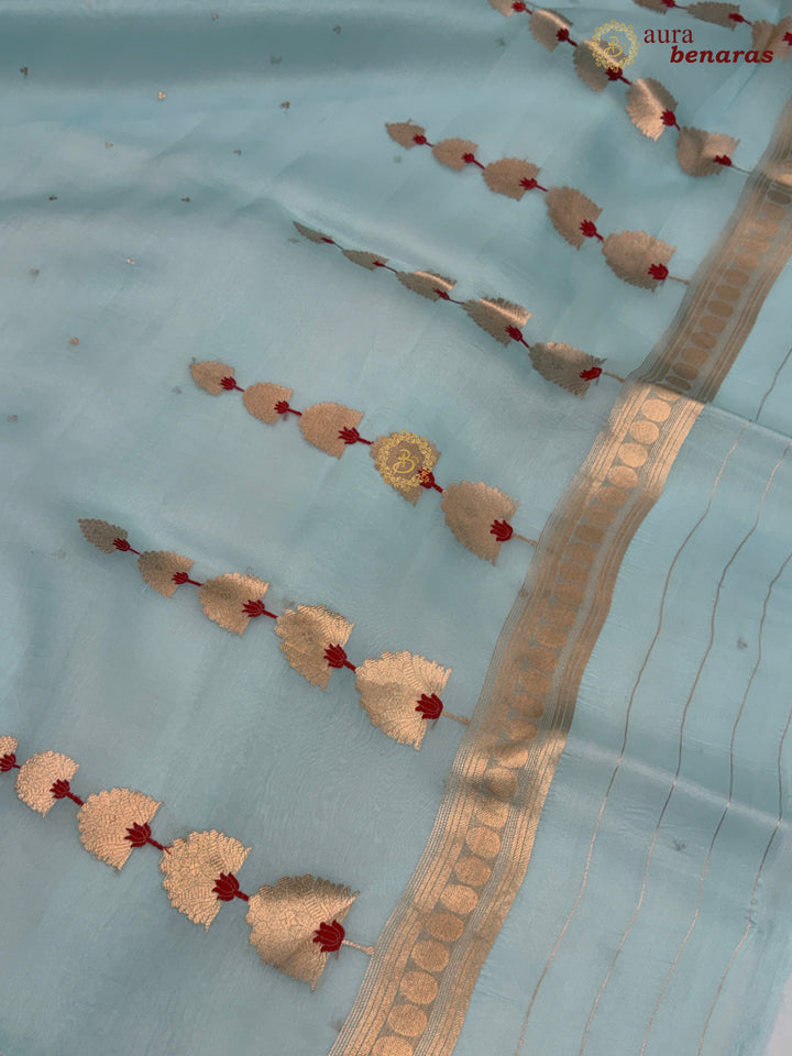 Sky Blue Kora Silk Banarasi Saree Kadhwa Butis 