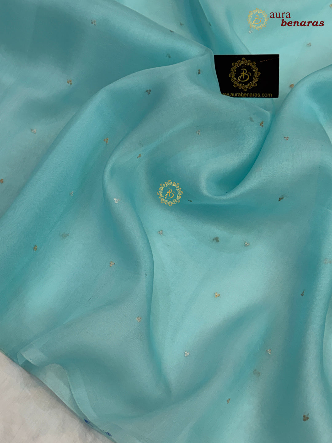Sky Blue Kora Silk Banarasi Saree Kadhwa Butis 
