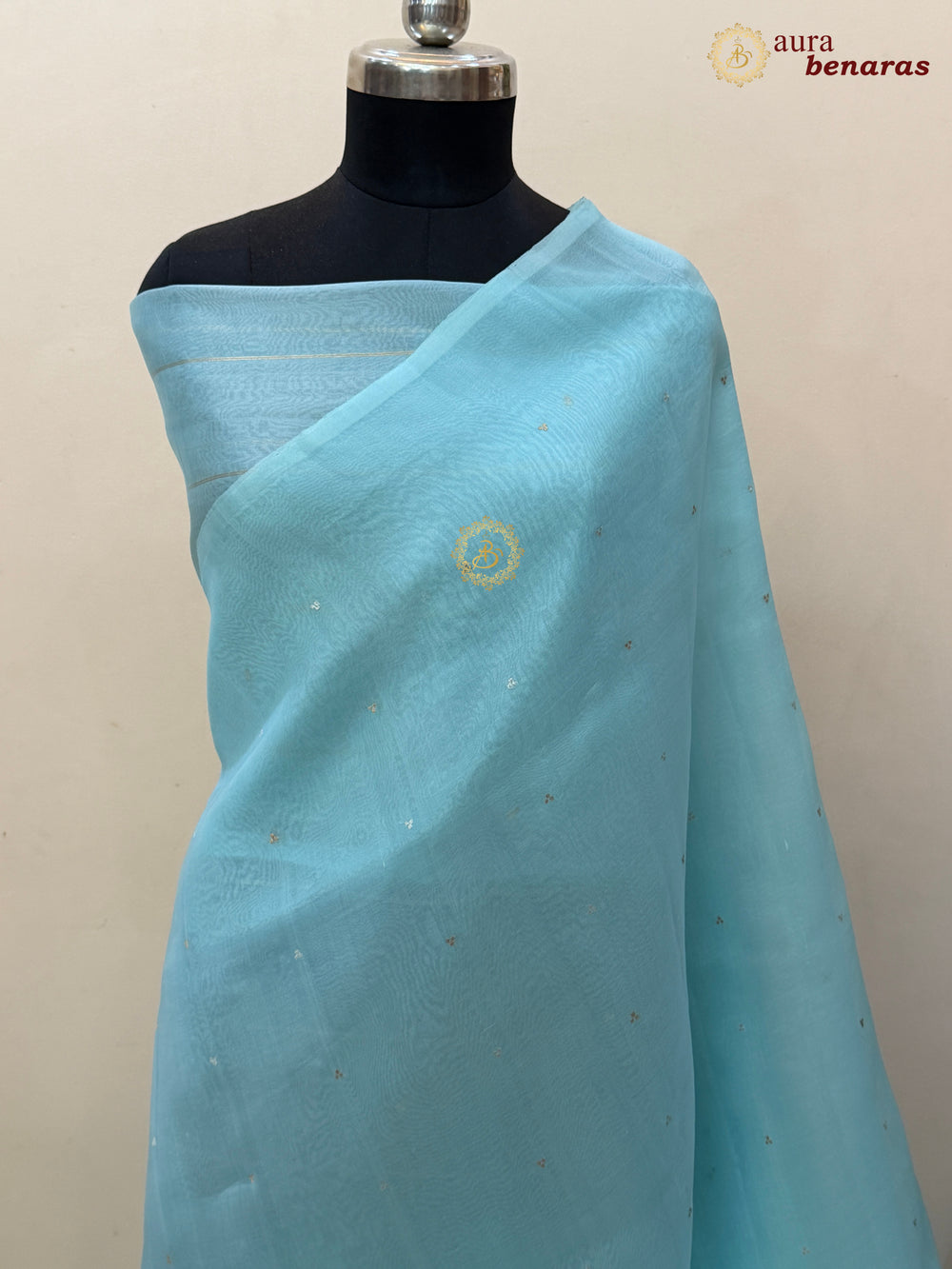 Sky Blue Kora Silk Banarasi Saree Kadhwa Butis 