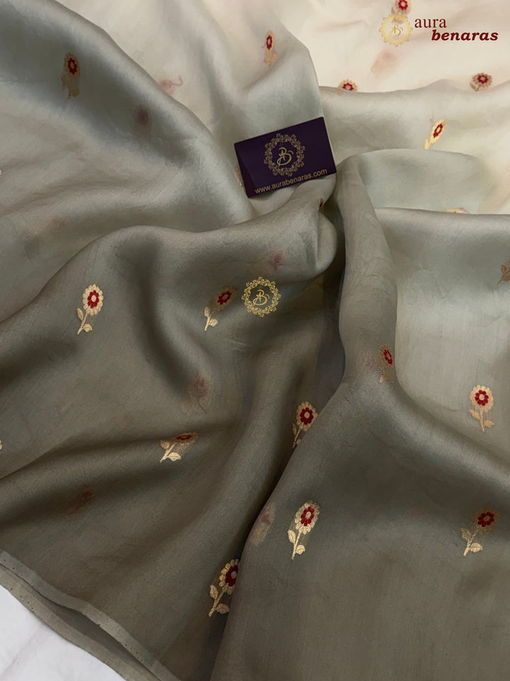 Off White and Grey Shaded Kora Silk Banarasi Saree with Sona Rupa Butis