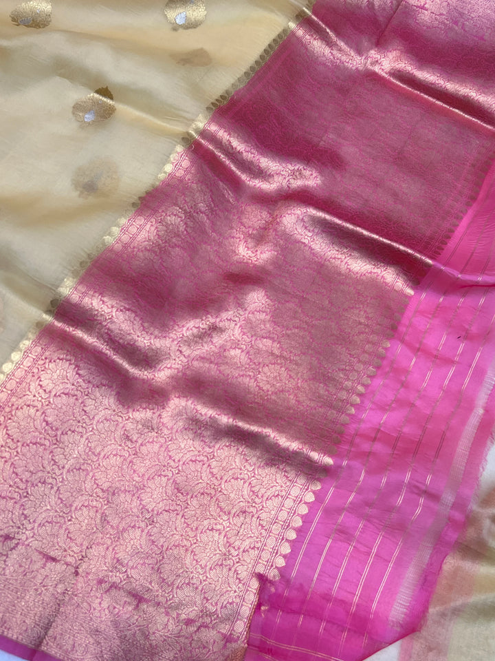 Pale Yellow Pure Kora Silk Handloom Banarasi Saree