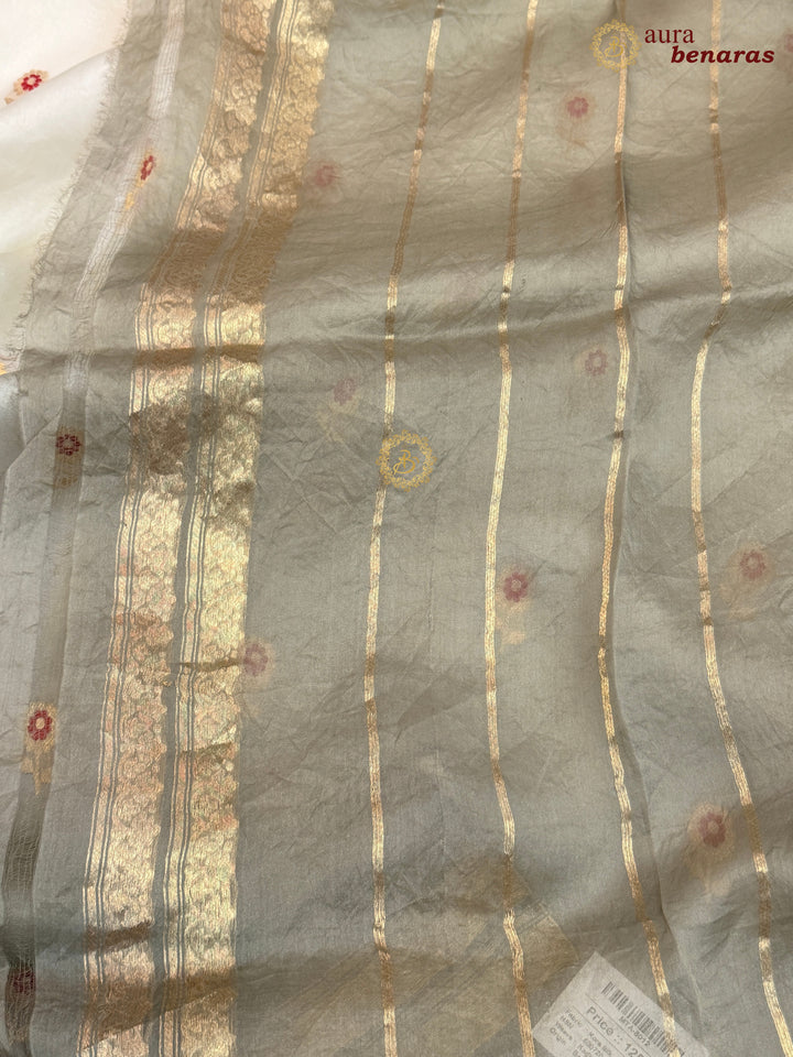 Off White and Grey Shaded Kora Silk Banarasi Saree with Sona Rupa Butis