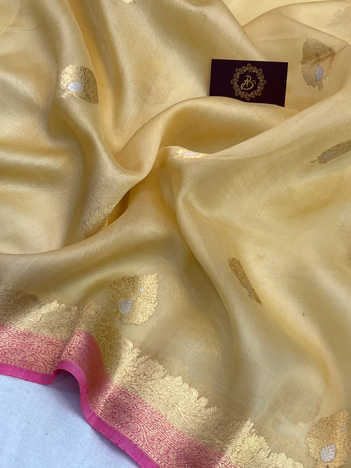 Pale Yellow Pure Kora Silk Handloom Banarasi Saree
