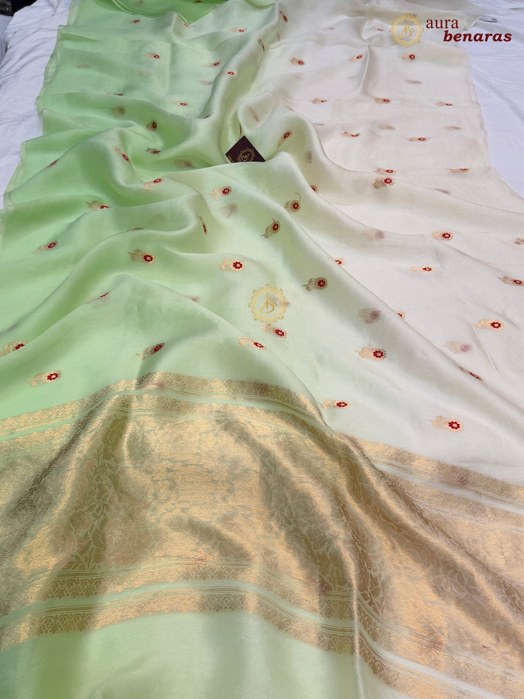 Off White and Pista Green Shaded Kora Silk Banarasi Saree with Sona Rupa Butis