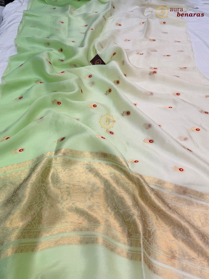Off White and Pista Green Shaded Kora Silk Banarasi Saree with Sona Rupa Butis