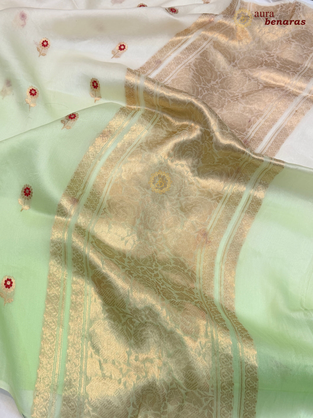 Off White and Pista Green Shaded Kora Silk Banarasi Saree with Sona Rupa Butis