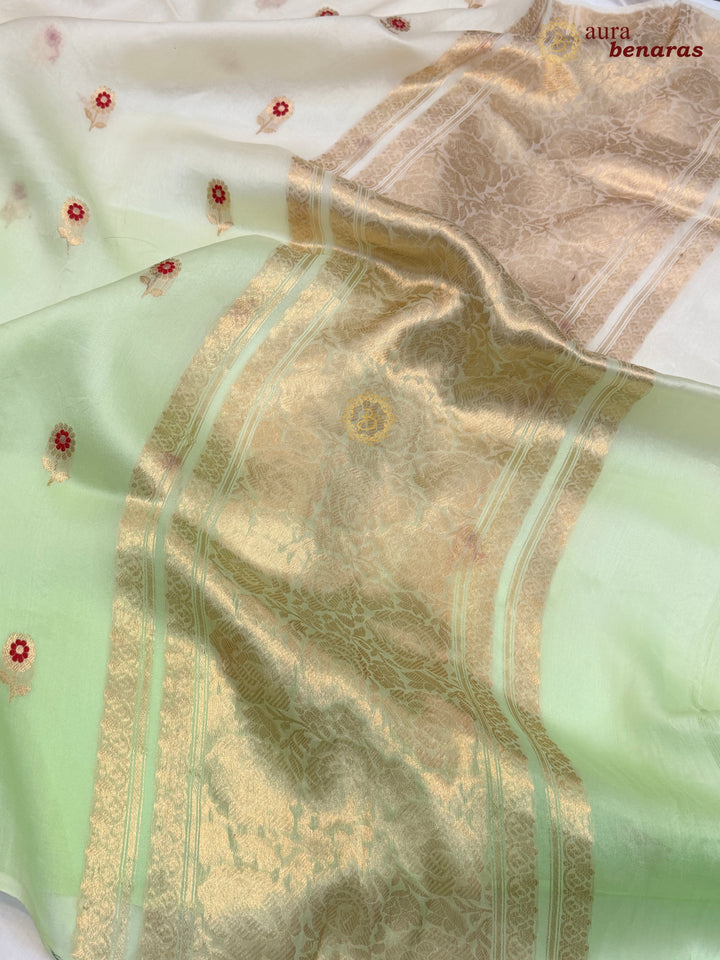 Off White and Pista Green Shaded Kora Silk Banarasi Saree with Sona Rupa Butis