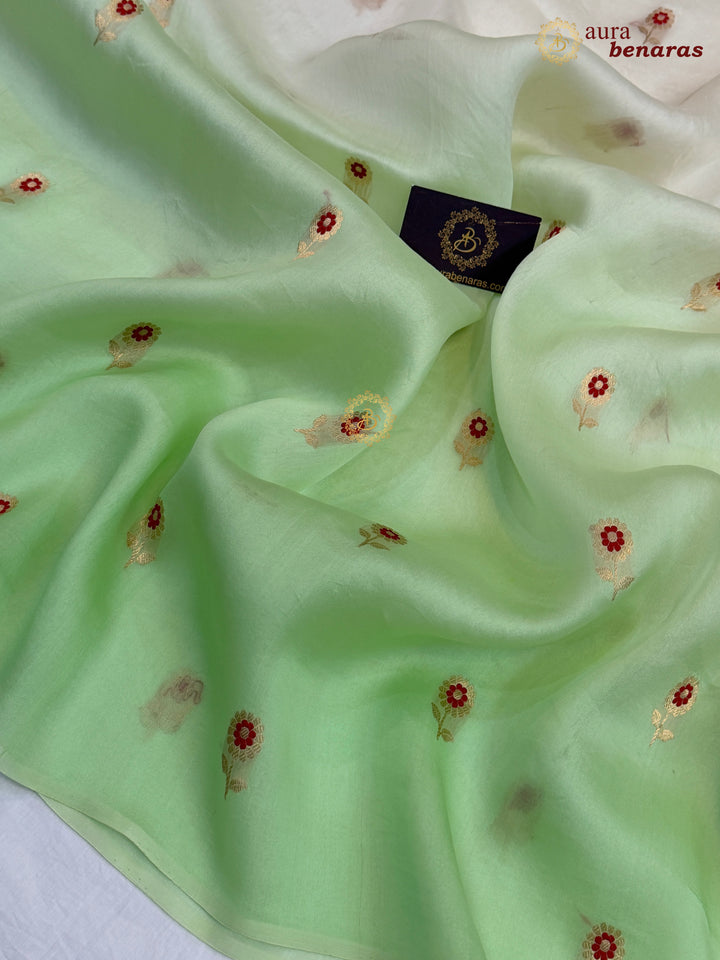 Off White and Pista Green Shaded Kora Silk Banarasi Saree with Sona Rupa Butis