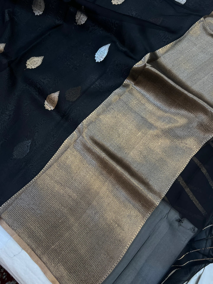 Black Pure Kora Silk Handloom Banarasi Saree
