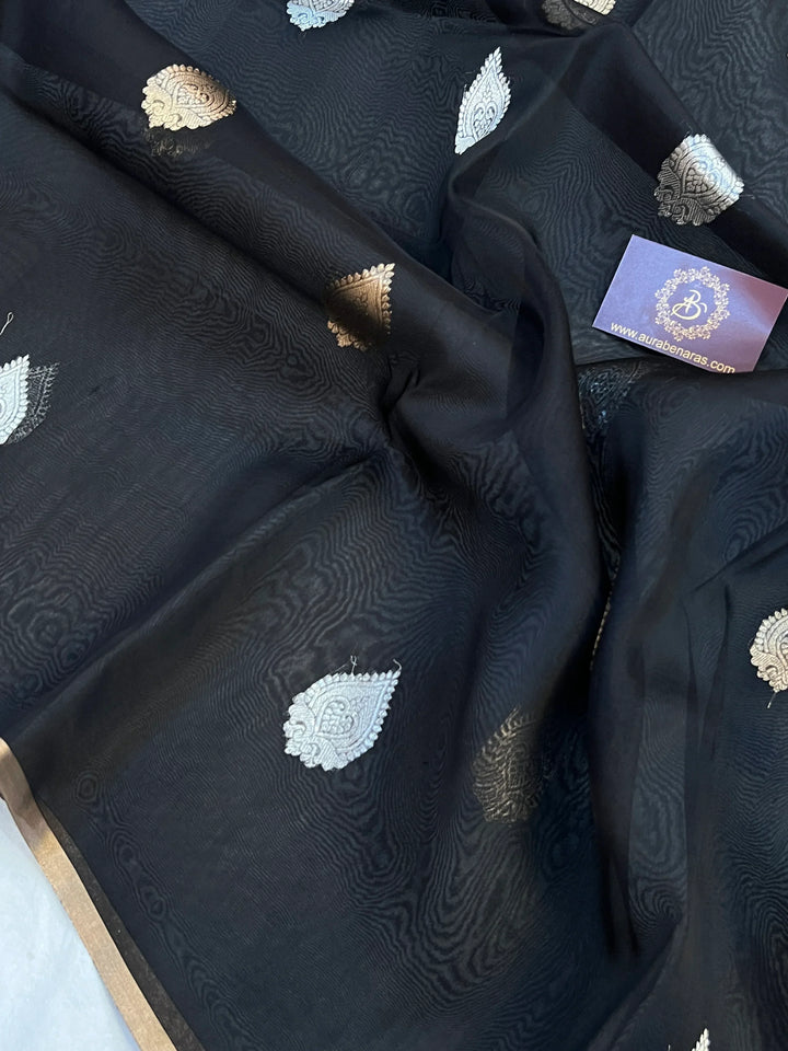 Black Pure Kora Silk Handloom Banarasi Saree