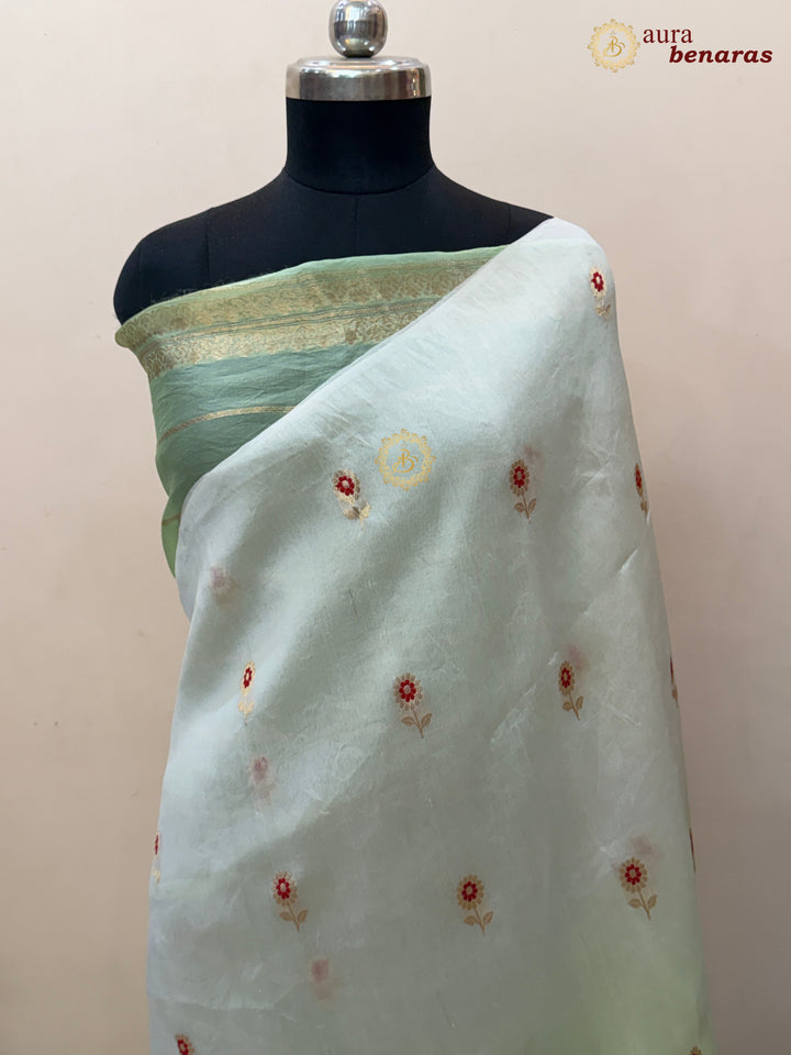 Off White and Pista Green Shaded Kora Silk Banarasi Saree with Sona Rupa Butis