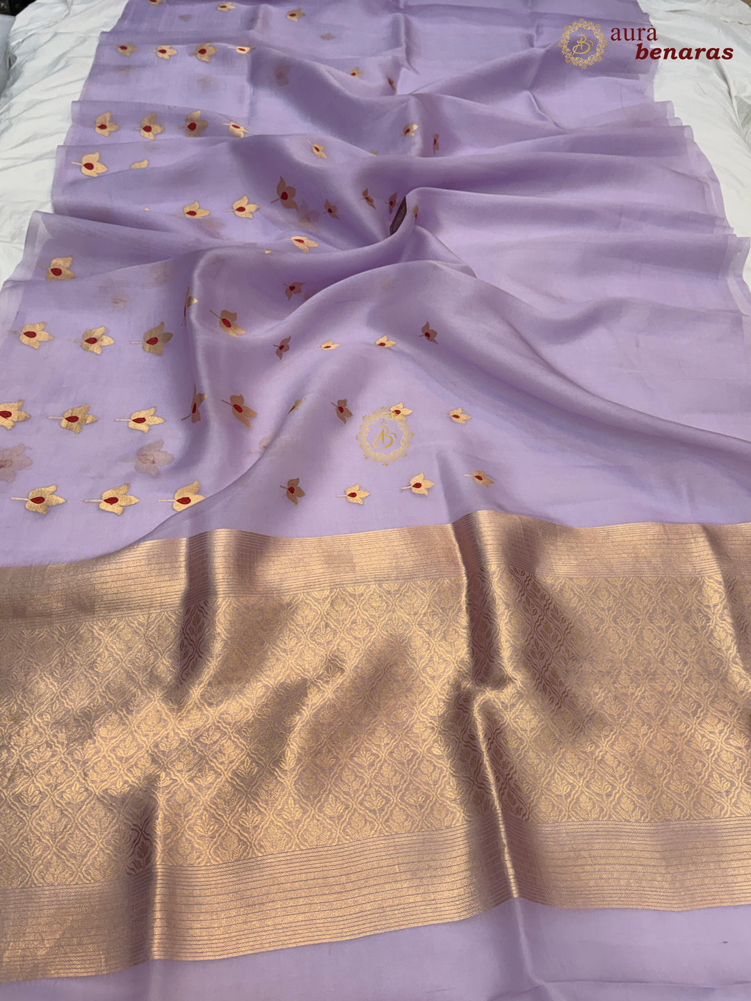 Lavender Pure Kora Silk Banarasi Saree with Kadhwa Meenakari Lotus
