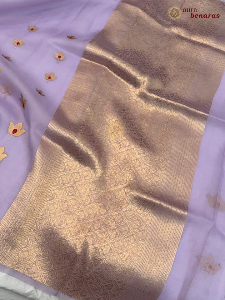 Lavender Pure Kora Silk Banarasi Saree with Kadhwa Meenakari Lotus
