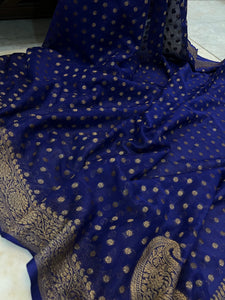 Deep Blue Pure Banarasi Khaddi Georgette Saree