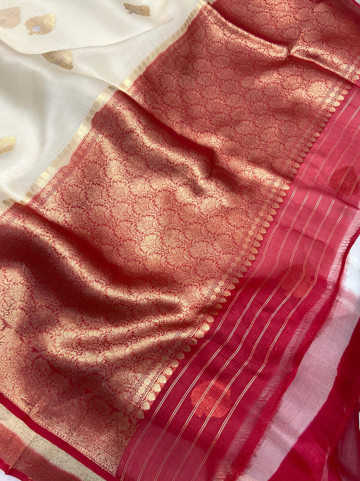 White Pure Kora Silk Handloom Banarasi Saree