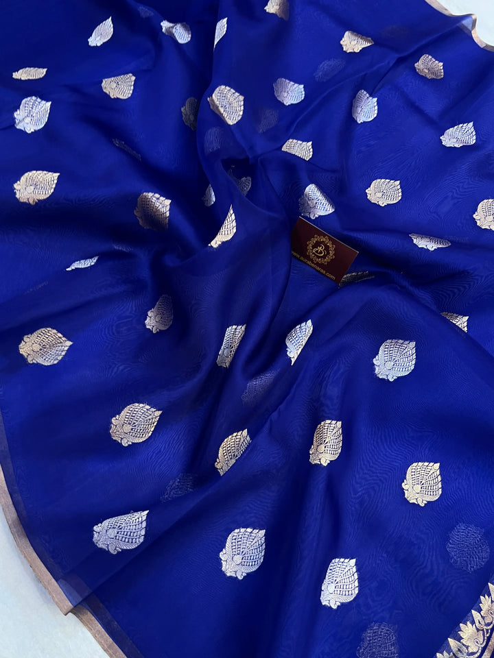 Royal Blue Pure Kora Silk Handloom Banarasi Saree