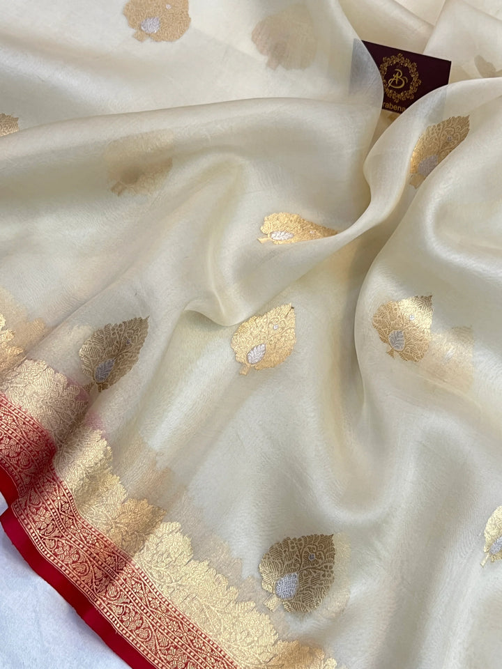 White Pure Kora Silk Handloom Banarasi Saree