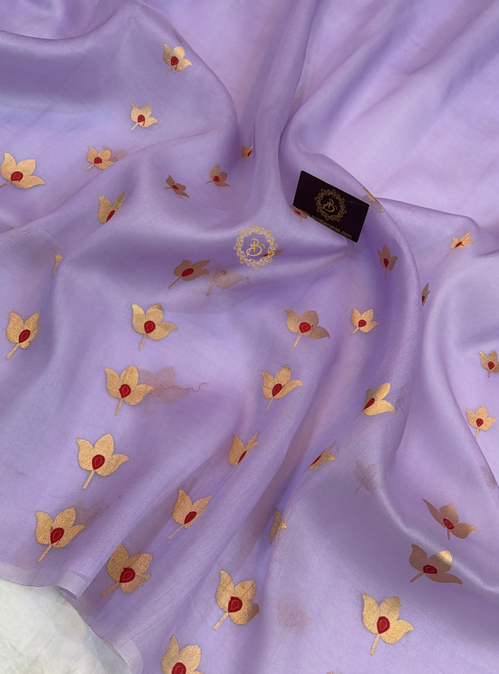 Lavender Pure Kora Silk Banarasi Saree with Kadhwa Meenakari Lotus