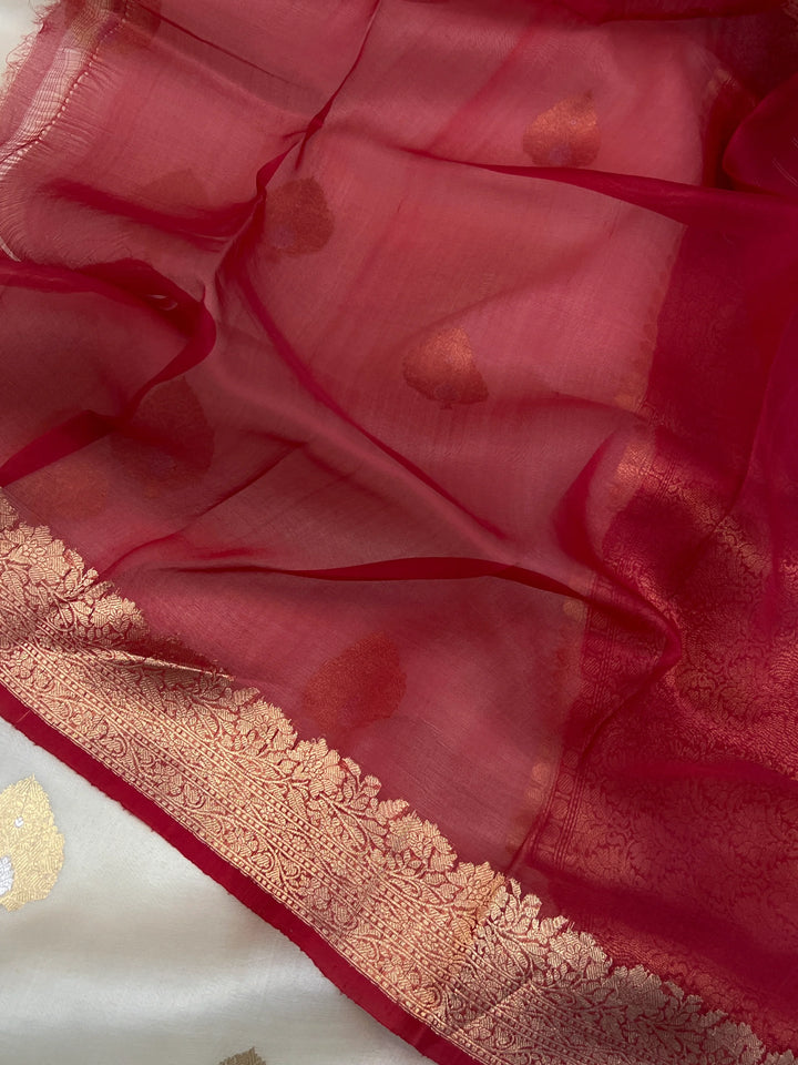 White Pure Kora Silk Handloom Banarasi Saree