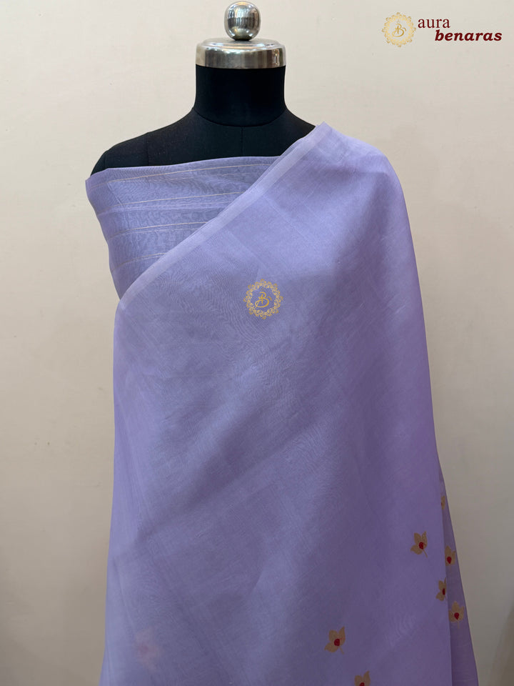 Lavender Pure Kora Silk Banarasi Saree with Kadhwa Meenakari Lotus