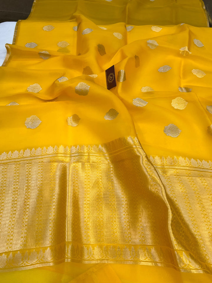 Yellow Pure Kora Silk Handloom Banarasi Saree