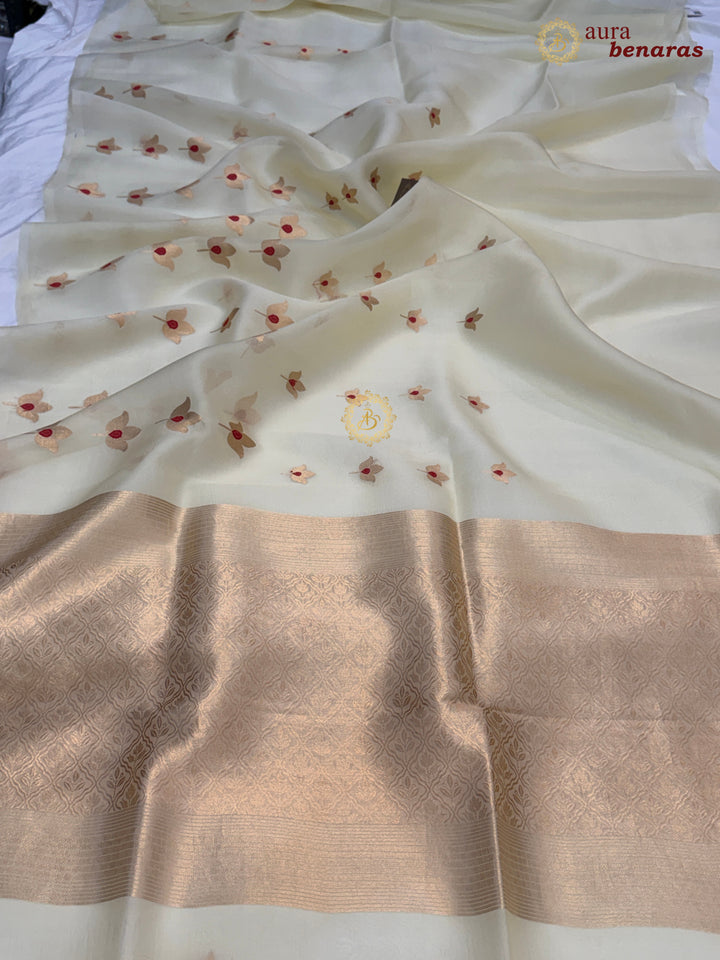 Off White Pure Kora Silk Banarasi Saree with Kadhwa Meenakari Lotus