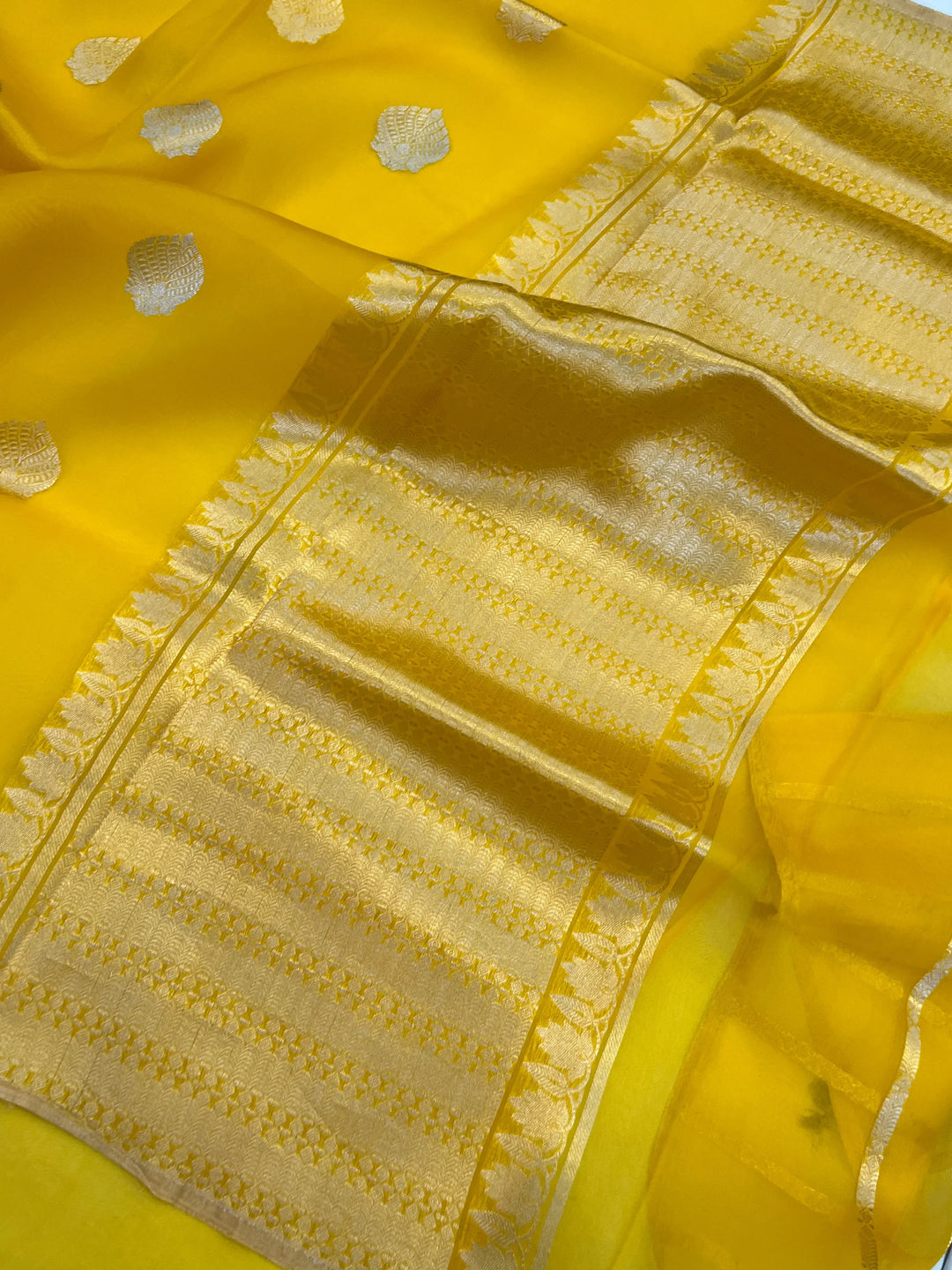 Yellow Pure Kora Silk Handloom Banarasi Saree