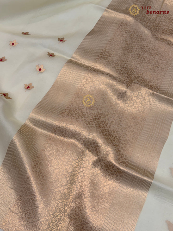 Off White Pure Kora Silk Banarasi Saree with Kadhwa Meenakari Lotus