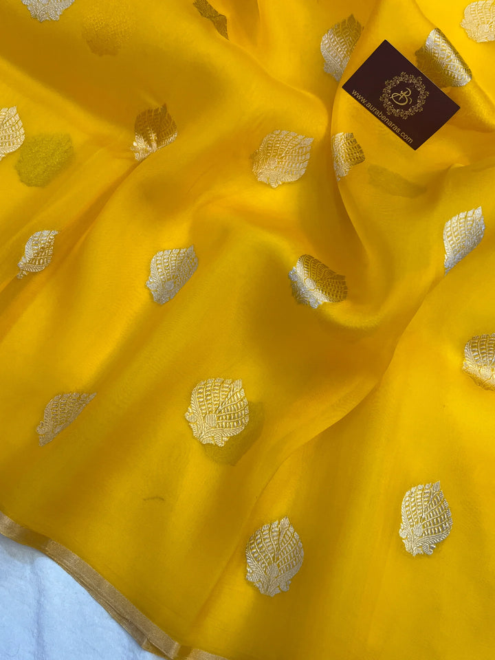 Yellow Pure Kora Silk Handloom Banarasi Saree
