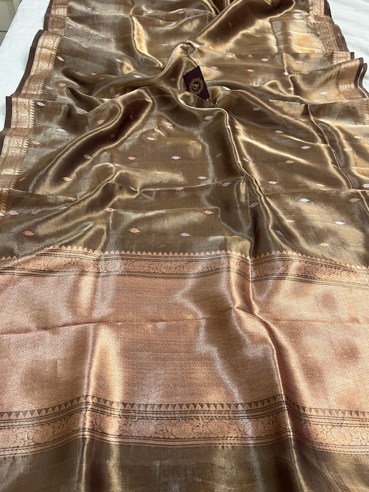 Chocolate Brown Banarasi Handloom Organza Tissue Silk Saree - Aura Benaras