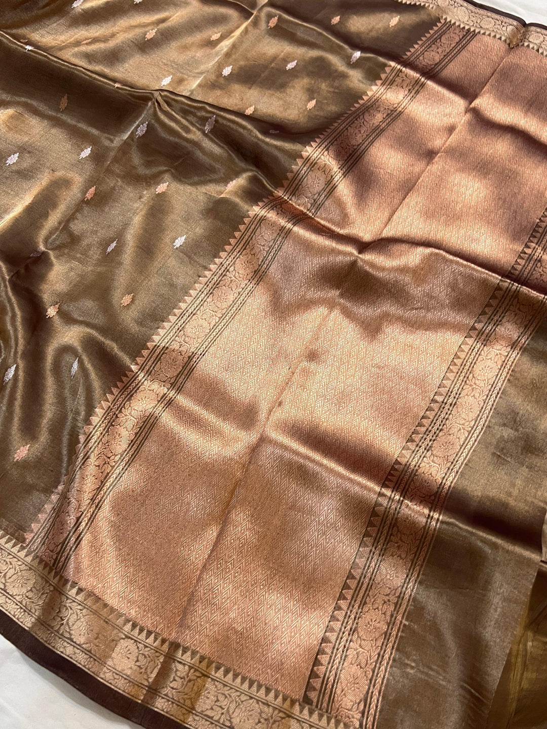 Chocolate Brown Banarasi Handloom Organza Tissue Silk Saree - Aura Benaras