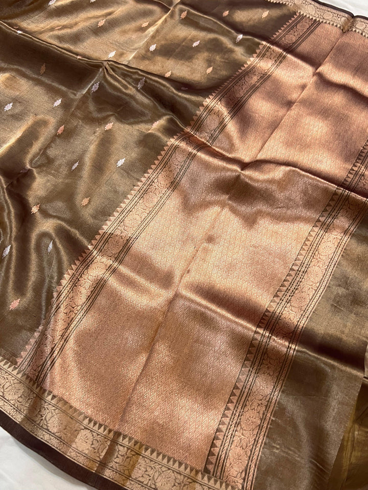 Chocolate Brown Banarasi Handloom Organza Tissue Silk Saree - Aura Benaras