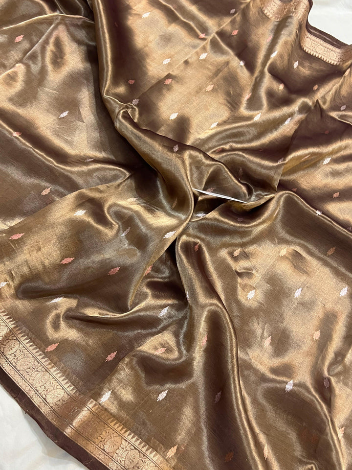 Chocolate Brown Banarasi Handloom Organza Tissue Silk Saree - Aura Benaras