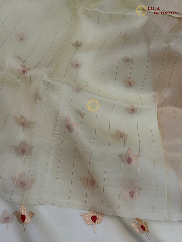Off White Pure Kora Silk Banarasi Saree with Kadhwa Meenakari Lotus