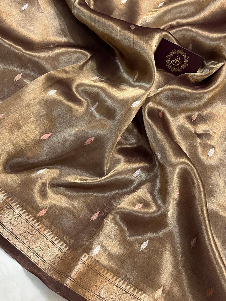 Chocolate Brown Banarasi Handloom Organza Tissue Silk Saree - Aura Benaras