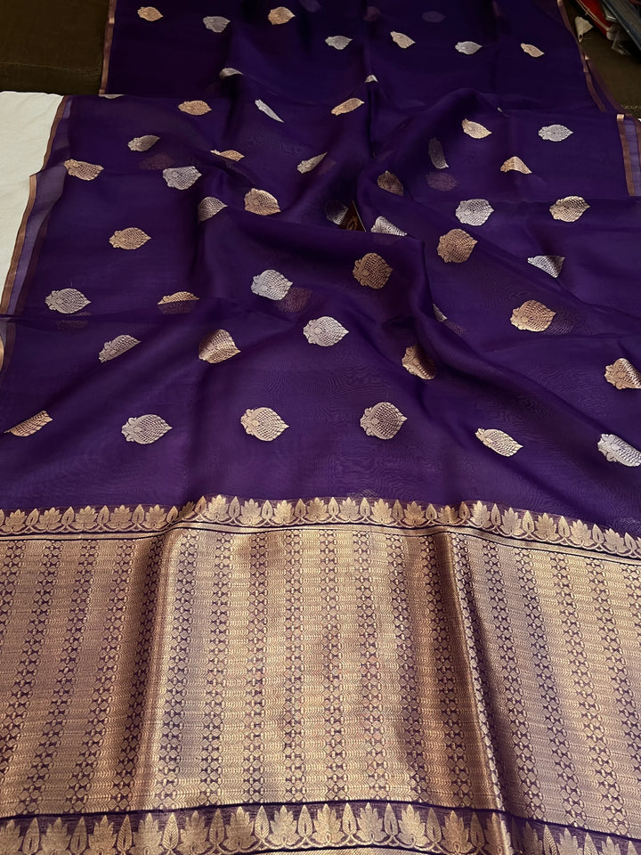 Purple Pure Kora Silk Handloom Banarasi Saree