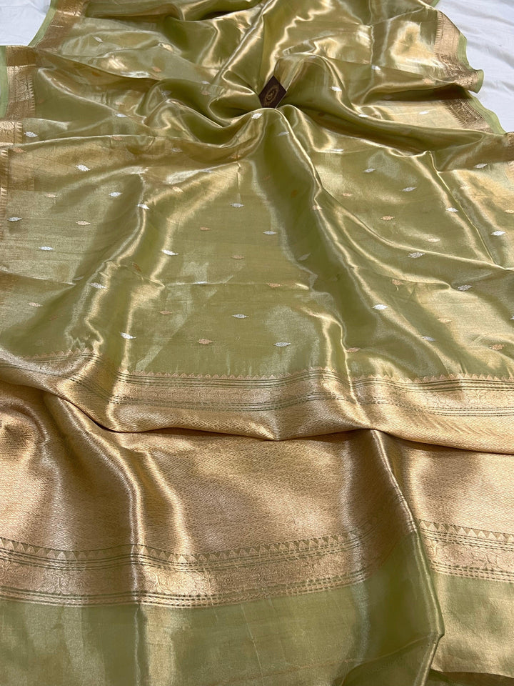 Pista Green Banarasi Handloom Organza Tissue Silk Saree - Aura Benaras