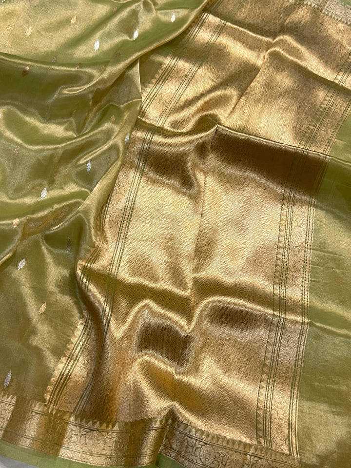 Pista Green Banarasi Handloom Organza Tissue Silk Saree - Aura Benaras